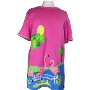 Quacker Factory Flamingo Tunic Sweater Women Sz S Short Sleeve Embroidered